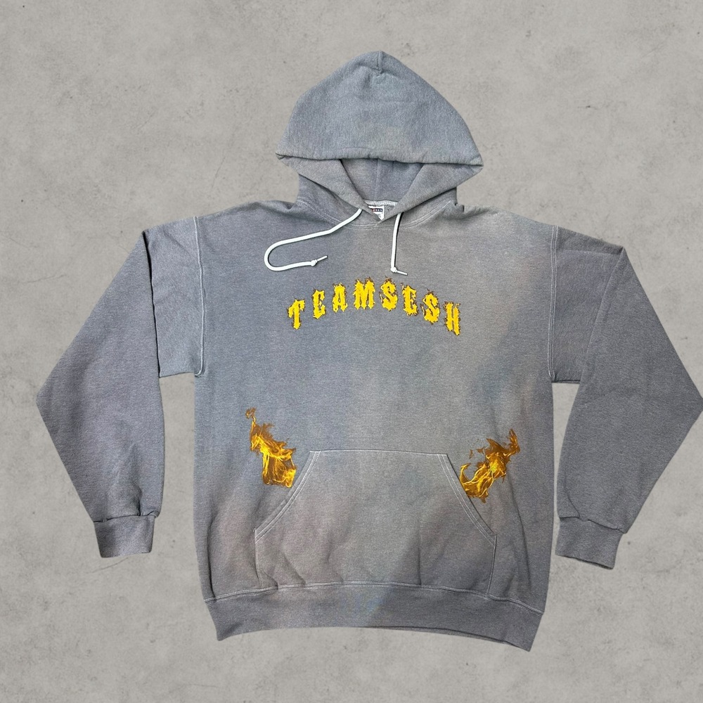 Team Sesh Hoodie Mens Large Gray Flame Logo Hoodie Bones Faded Rare Pullover